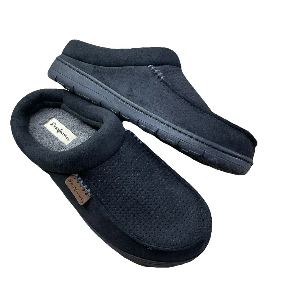 Dearfoams Brand Slippers Sz 9-10 Men's Black faux suede Slip On low back